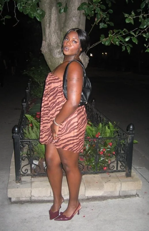 A woman wearing a tiger-stripe dress and high heels stands outdoors at night in front of a tree and a decorative metal fence surrounding a small garden.