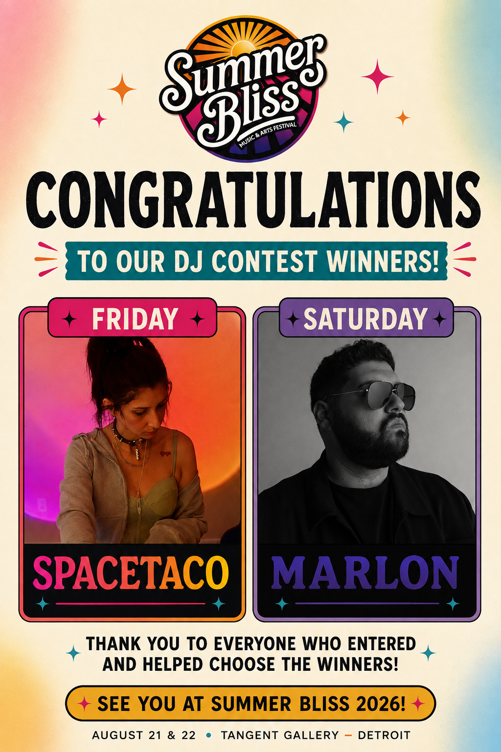 Poster announcing the winners of a DJ contest at Summer Bliss Festival, with photos of the winners, spacetaco and Marlon, along with event details.