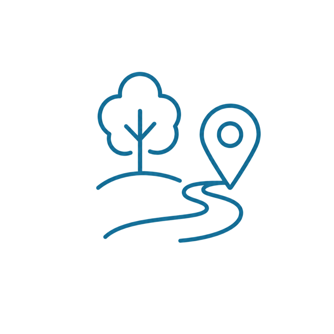Outline of a tree, a winding path, and a location pin icon, all in blue.