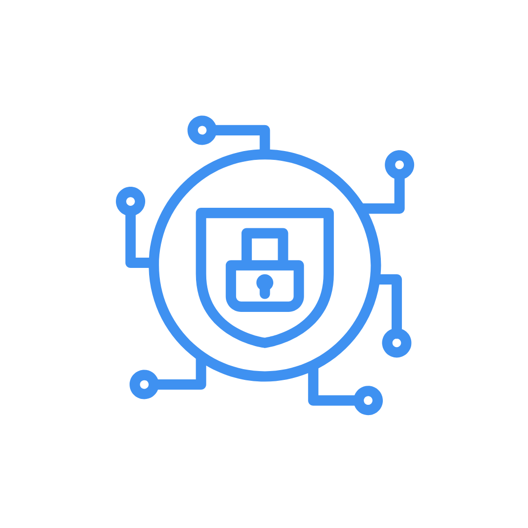 Icono de ciberseguridad con un candado dentro de un escudo y conexiones.