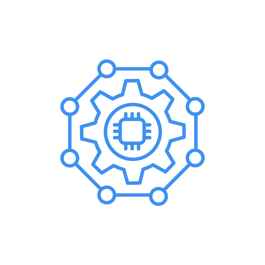 Icono de engranaje con microchip en el centro, rodeado de nodos conectados.