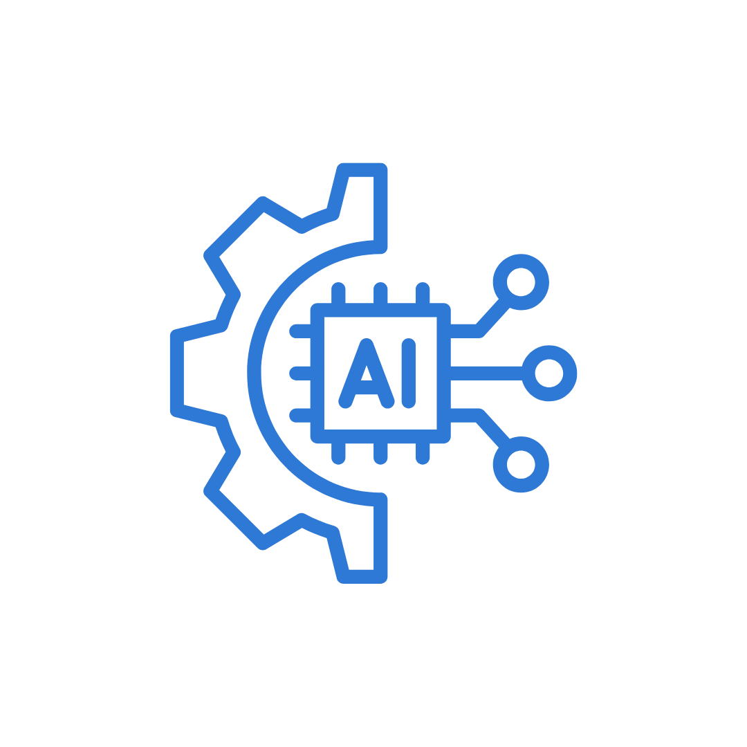 Icono de inteligencia artificial con engranaje y chip AI en color azul.