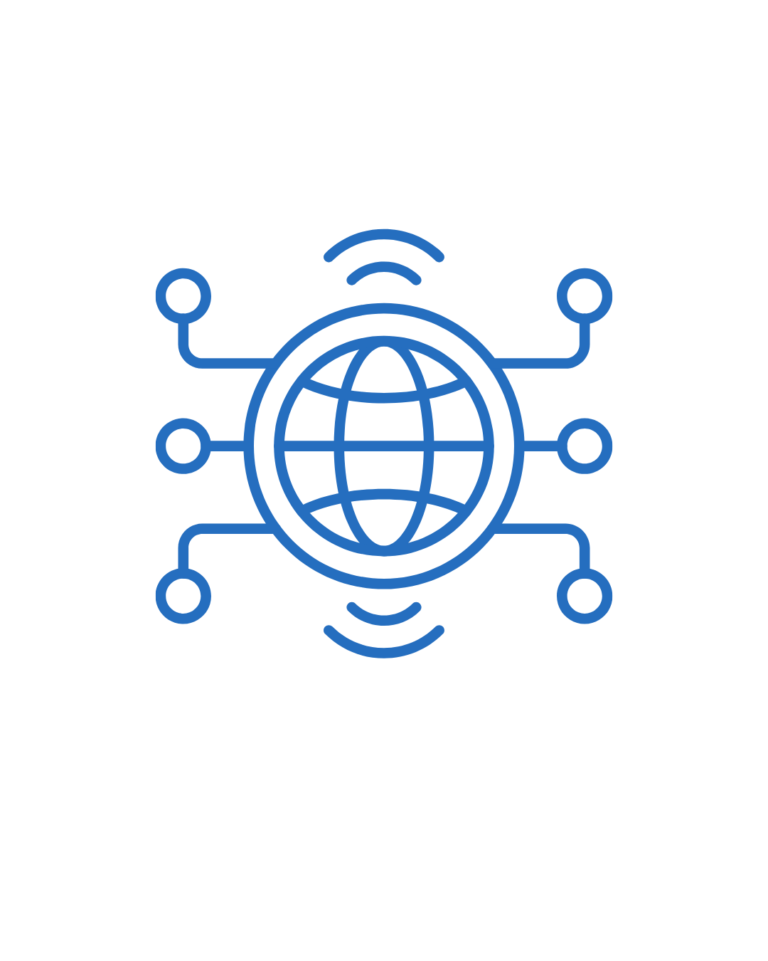 Icono azul de un globo terráqueo conectado que simboliza conectividad global o internet.