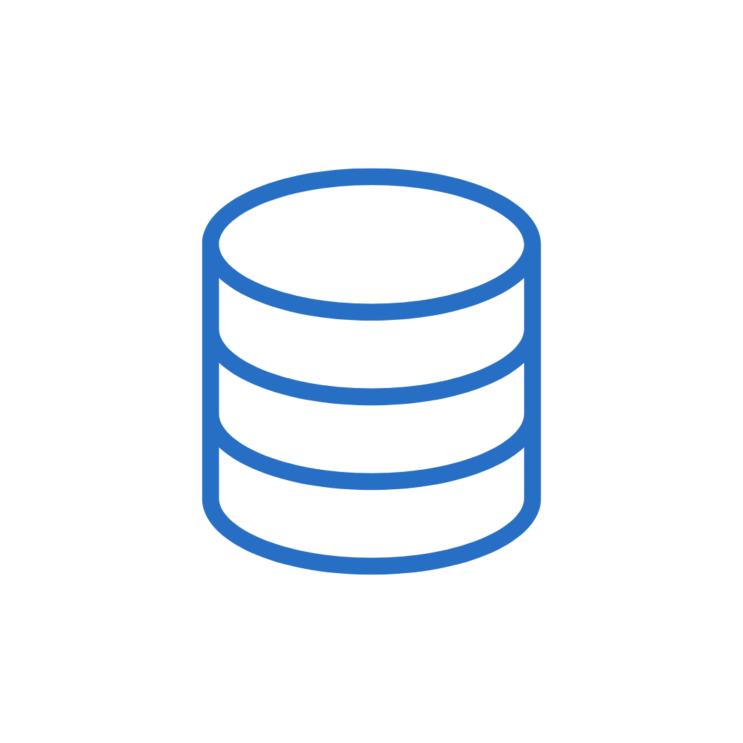 Icono de base de datos en color azul sobre fondo negro.