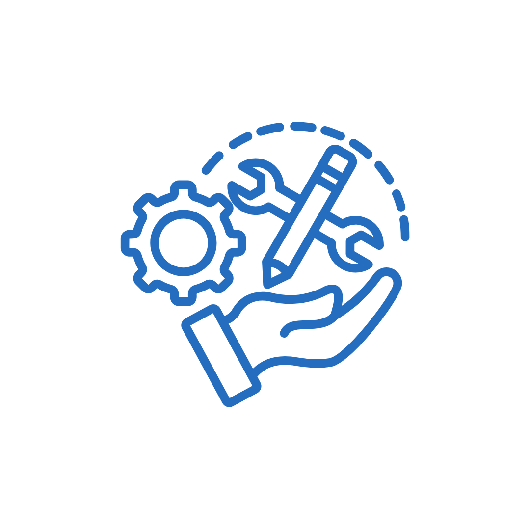 Icono azul de una mano sosteniendo una herramienta y un engranaje, simbolizando soporte técnico o mantenimiento, en fondo blanco.