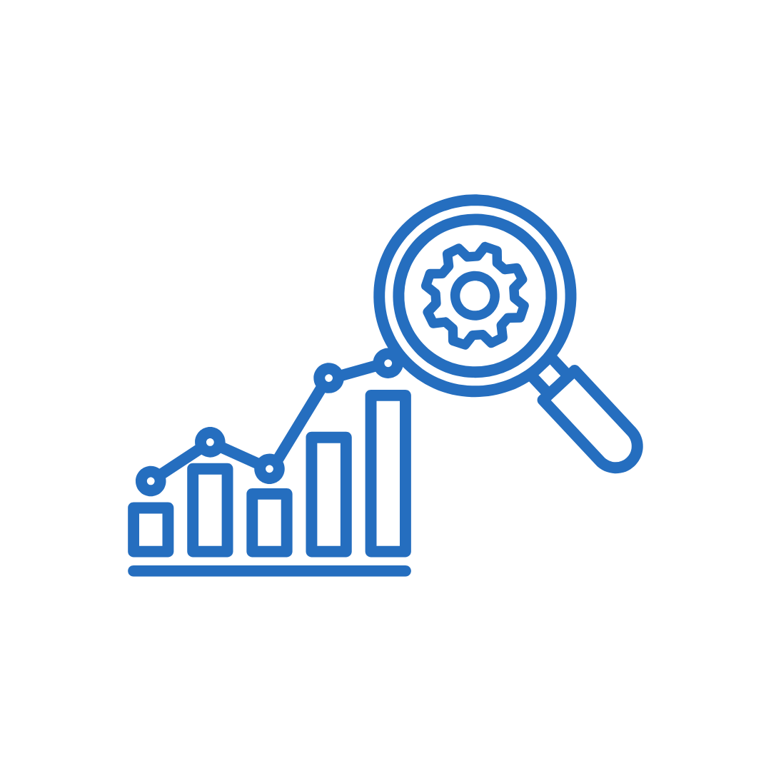 Icono azul de gráfico de barras ascendentes con lupa y engranaje, simbolizando análisis y optimización de datos.