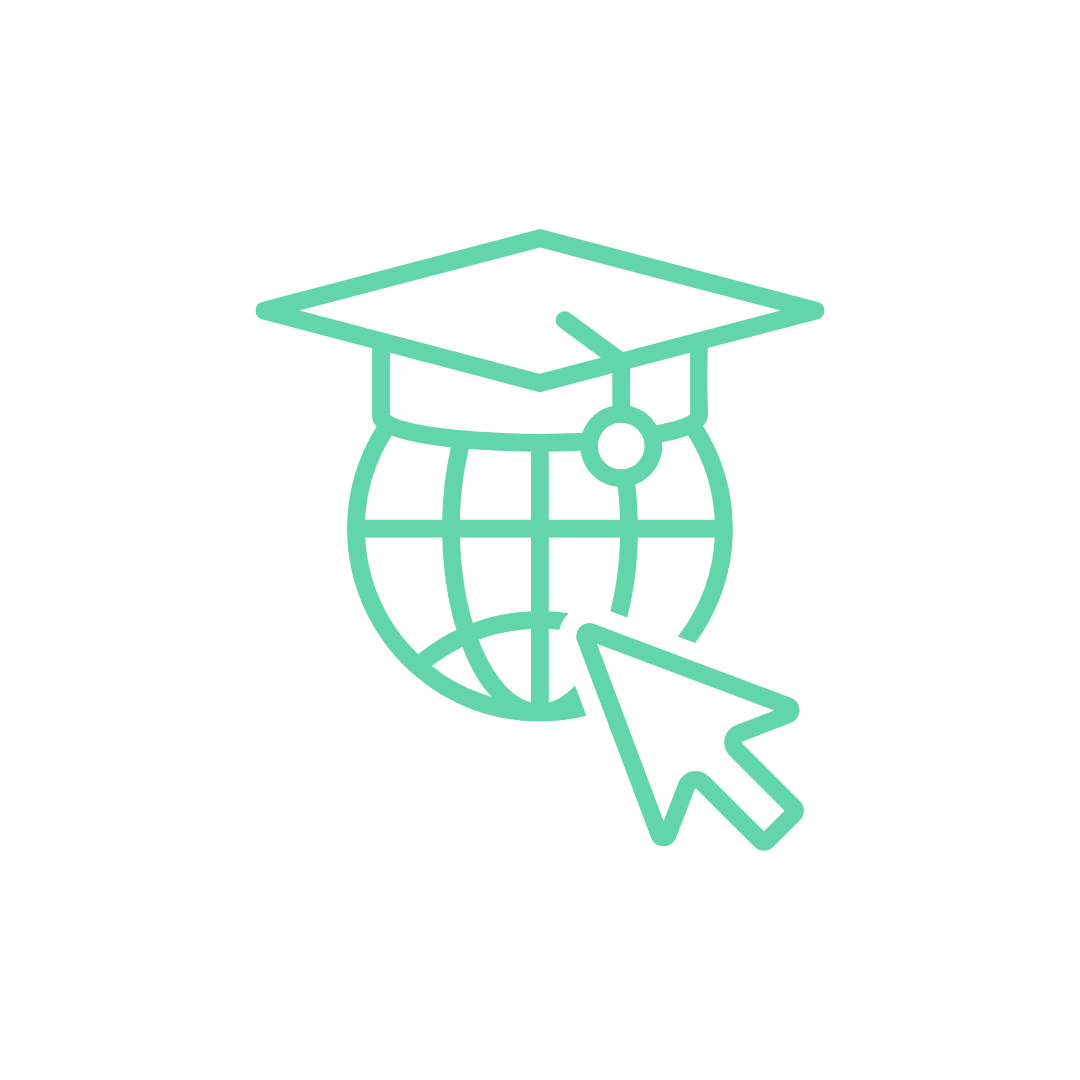 Icono de un globo terráqueo con un birrete de graduación y una flecha de cursor encima, simbolizando la educación en línea o global.