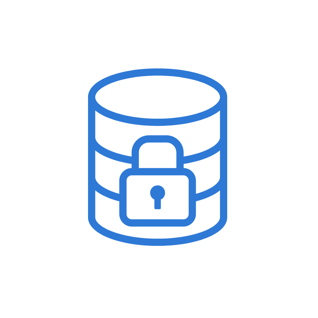 Icono de un cilindro azul con un candado frontal, representando seguridad de datos o almacenamiento seguro.