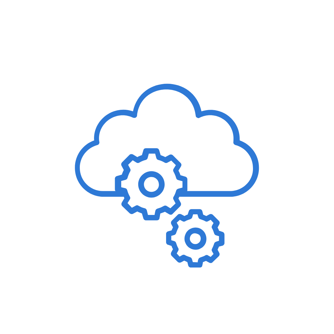 Icono de una nube con dos engranajes, representando computación en la nube, en color azul sobre fondo negro.