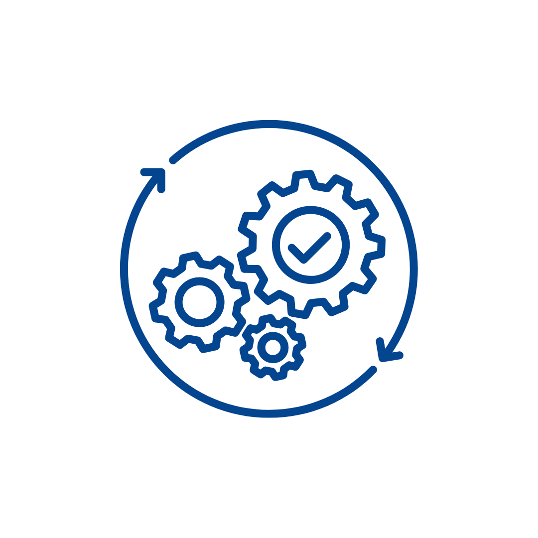 Icono de engranajes con flechas circulares y marca de verificación, simboliza automatización o eficiencia.