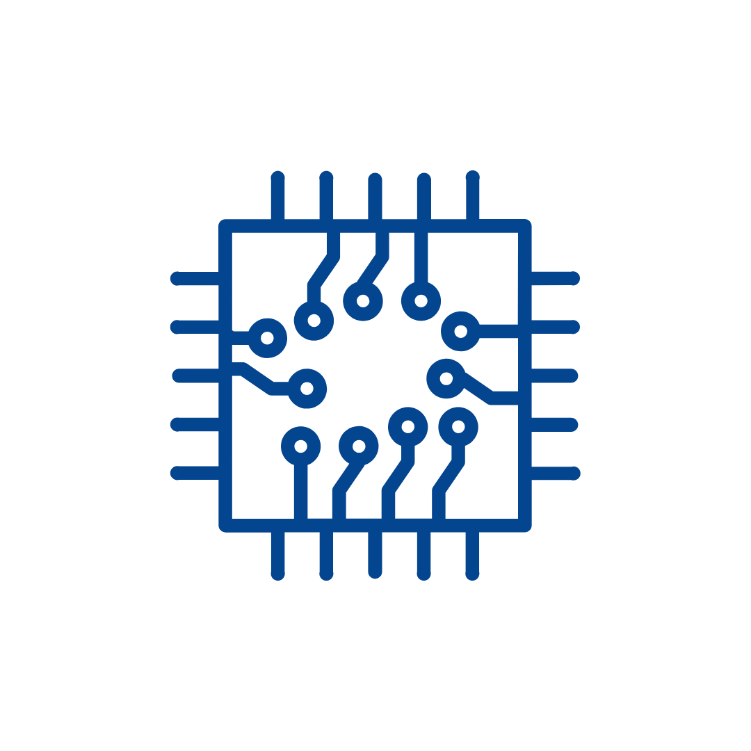 Icono de microchip con conexiones en color azul sobre fondo blanco.
