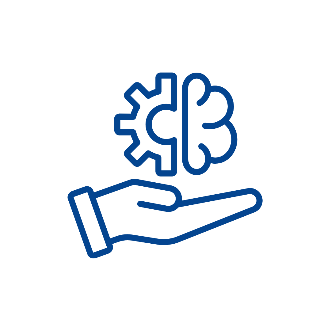 Icono de una mano sosteniendo un engranaje y un cerebro, simbolizando el concepto de innovación o creatividad tecnológica.