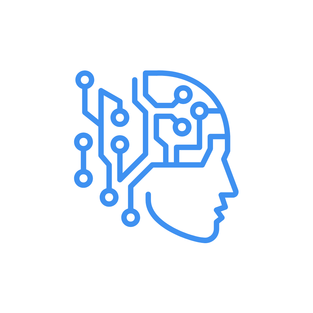 Ilustración de perfil de una cabeza humana con diseño de circuito en azul, simbolizando inteligencia artificial o tecnología.