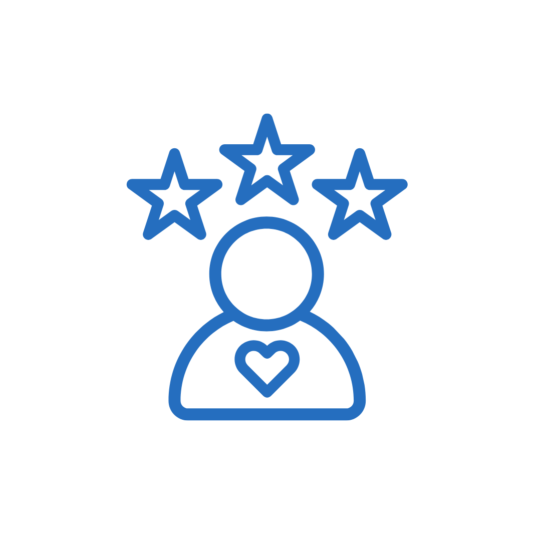 Ícono de una persona con tres estrellas sobre la cabeza y un corazón en el pecho, representando satisfacción o reconocimiento.