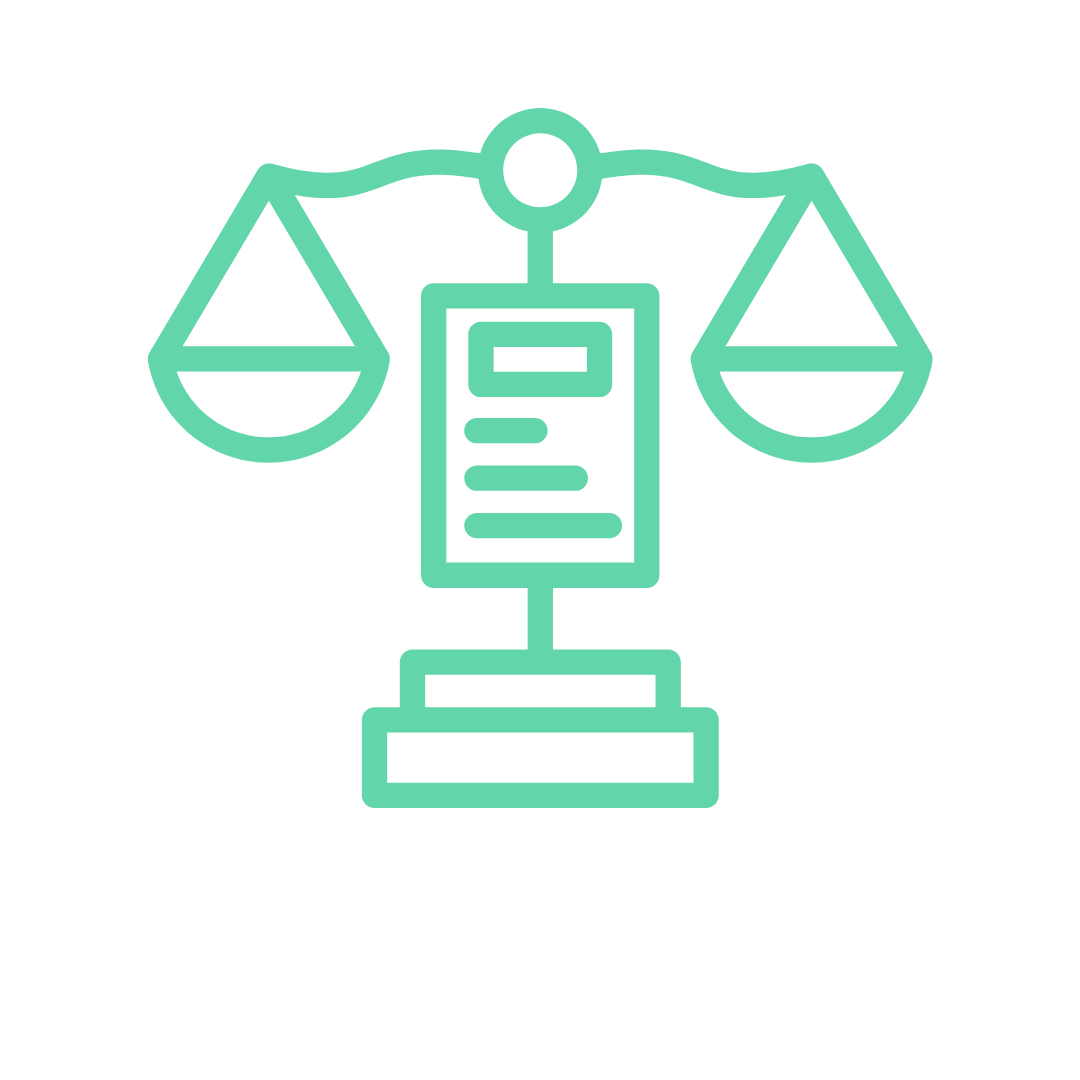 Ícono de balanza con una estructura de documentos o textos en su centro, representando justicia o balance legal.
