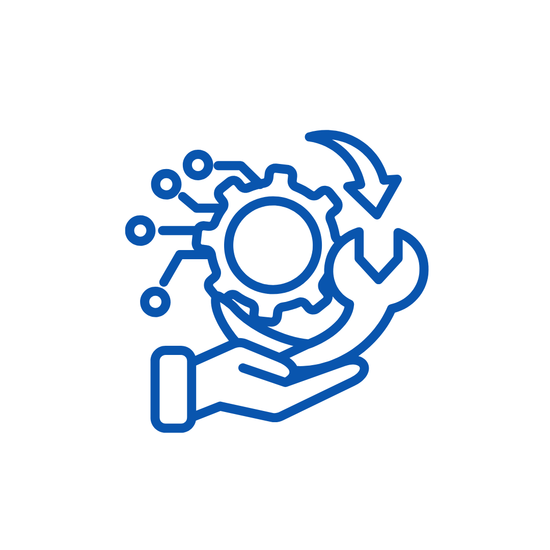 Icono de servicio de mantenimiento con engranaje, llave inglesa y mano, tecnología digital.