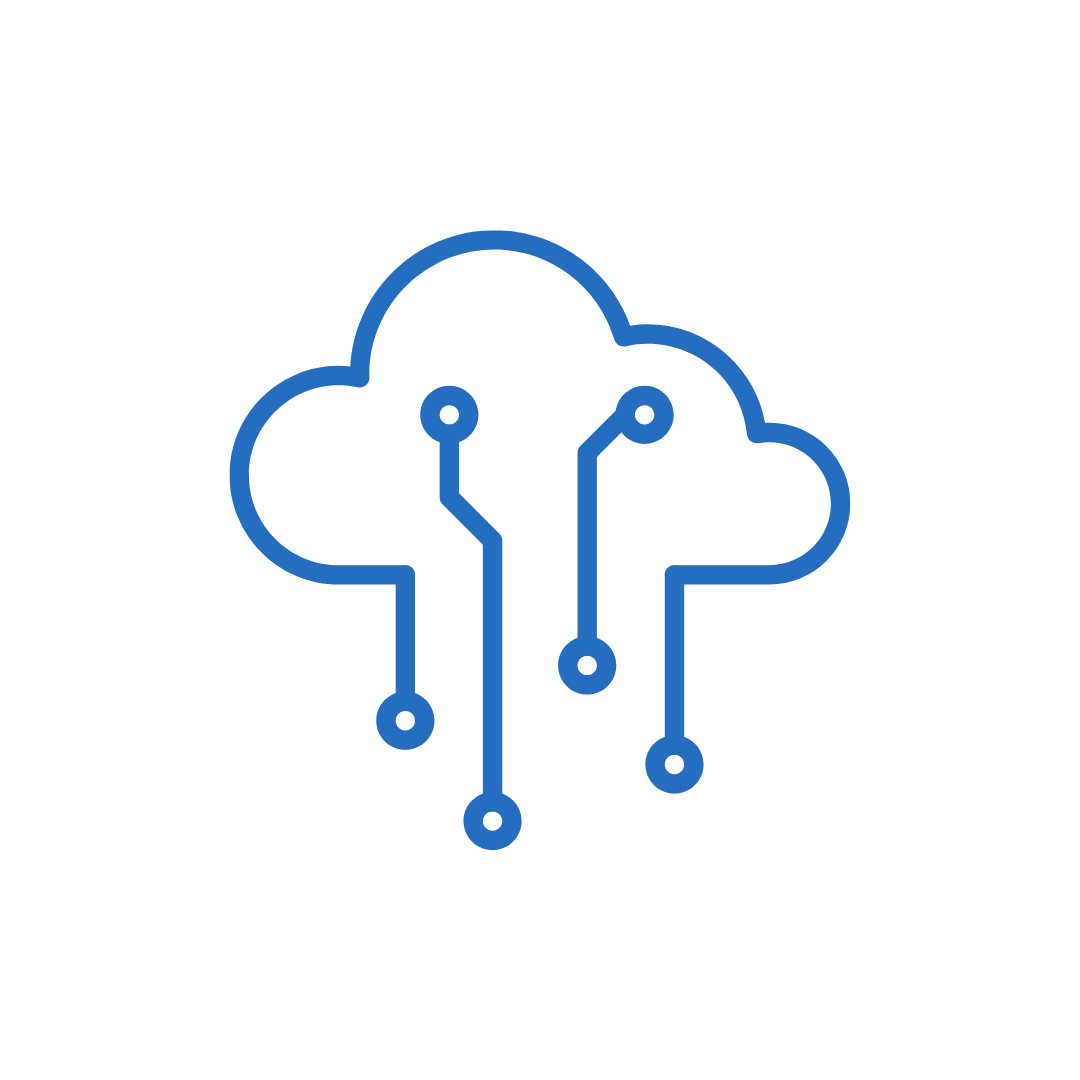Ícono de nube con circuitos electrónicos, representando tecnología en la nube.