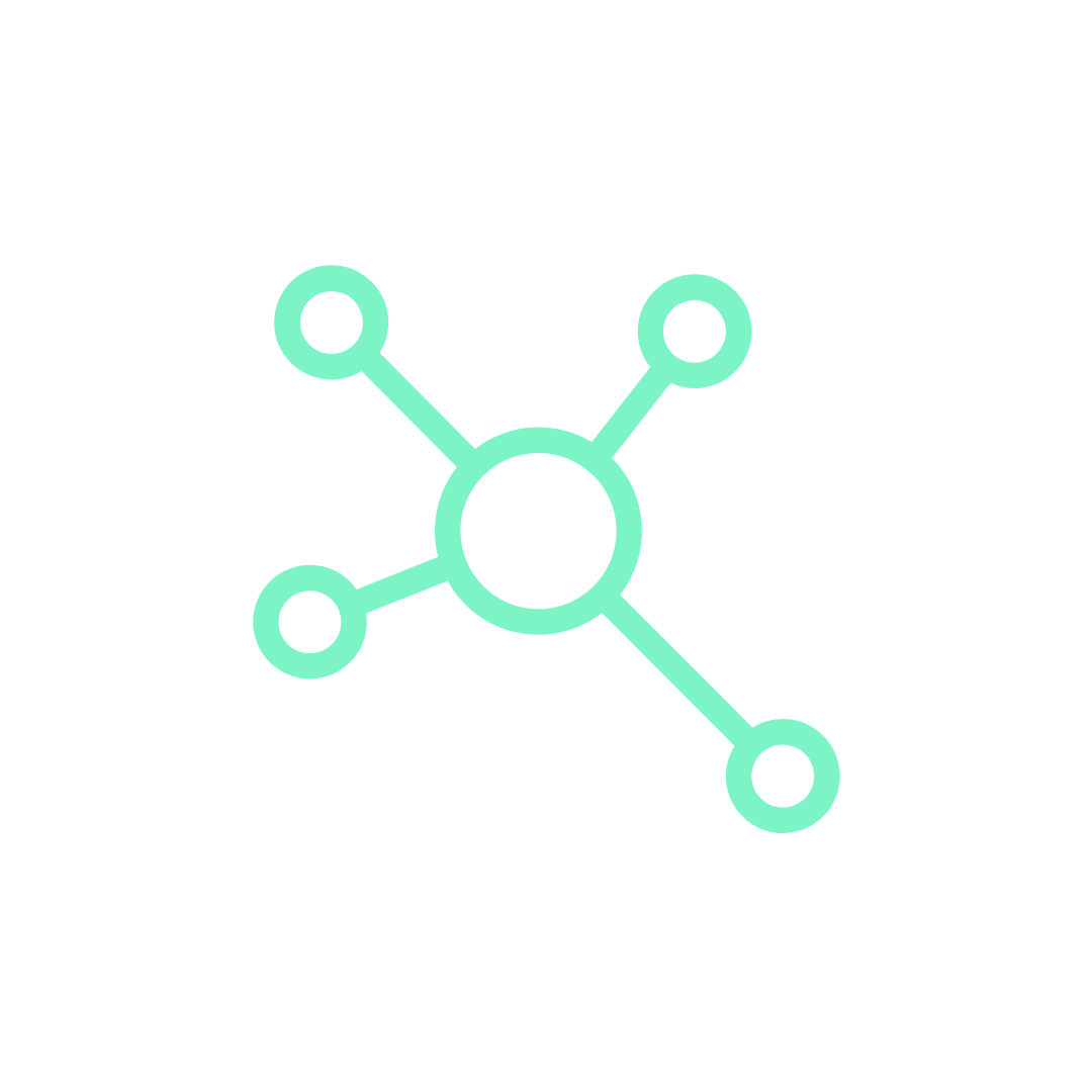 Diagrama de nodos conectados, estilo minimalista, verde sobre fondo blanco.