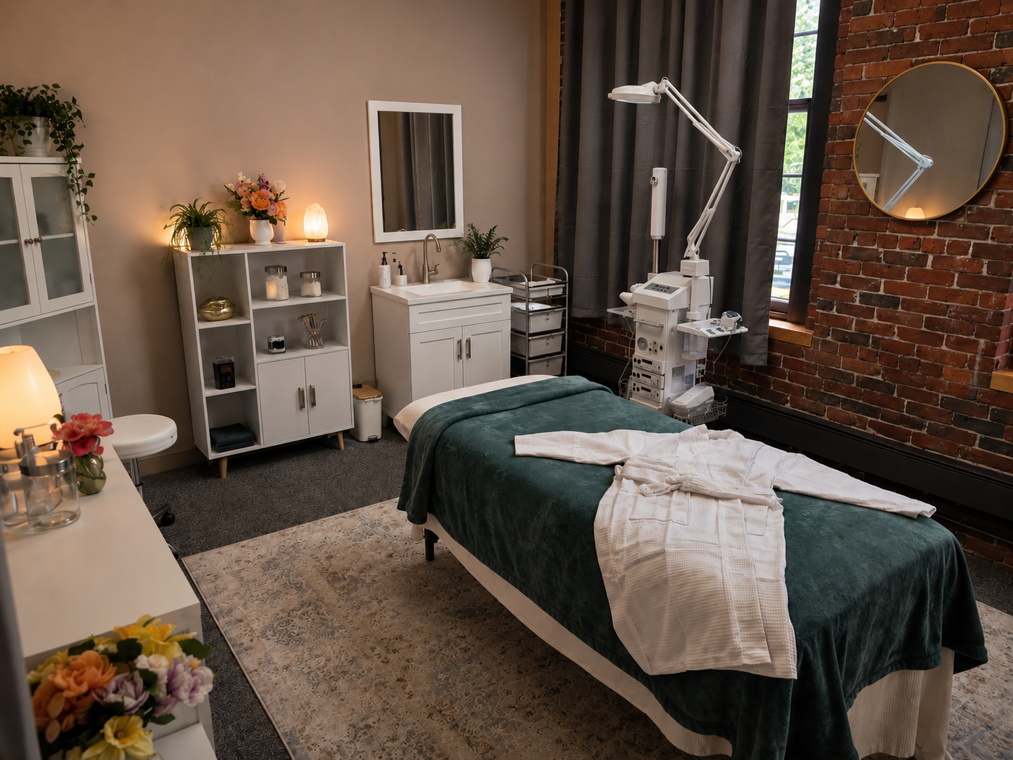 A cozy medical or spa treatment room with a massage bed, arranged with white robes and a green blanket, and a window with gray curtains. The room features warm lighting, shelves with decor, a mirror, a brick wall, and medical equipment.