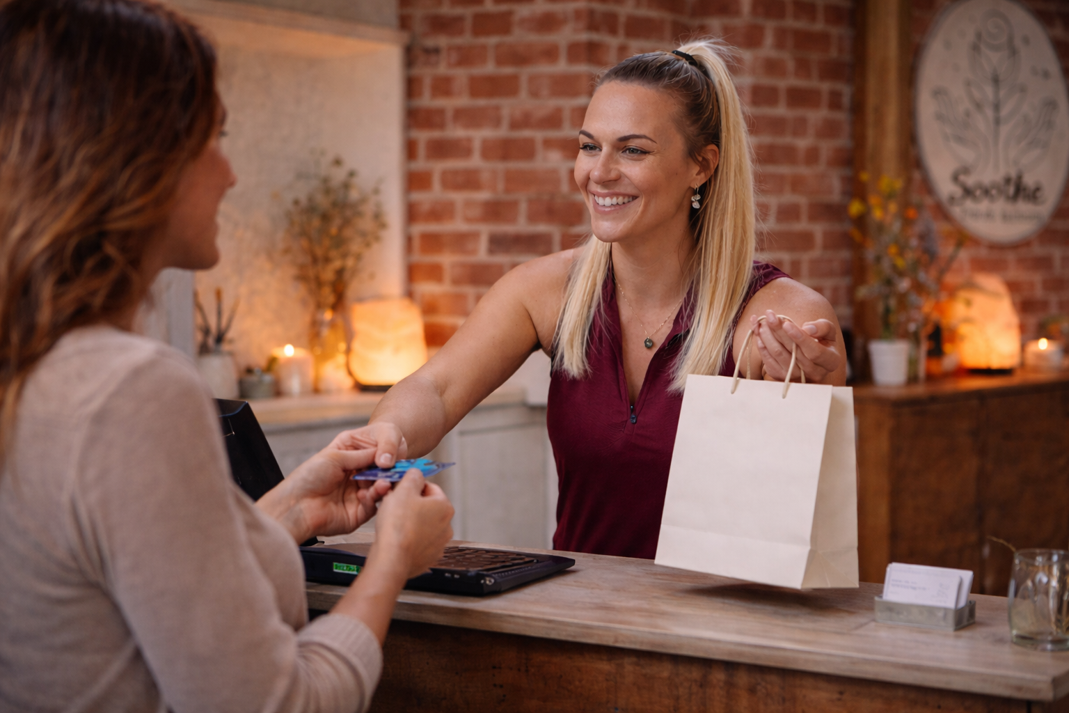 A woman in a burgundy sleeveless top is smiling and handing a credit card to another woman at a counter, who is receiving it with a smile. The woman at the counter is wearing a beige top. The background features a brick wall, candles, plants, and a sign