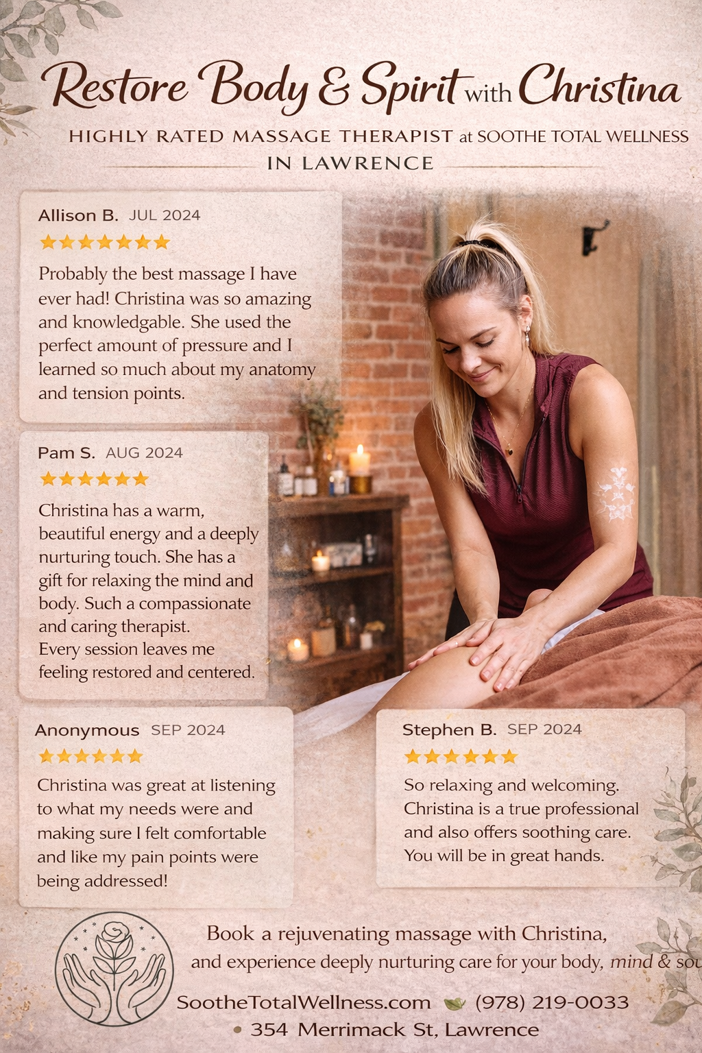 A woman giving a massage in a wellness center with brick walls, candles, and shelves of wellness products.