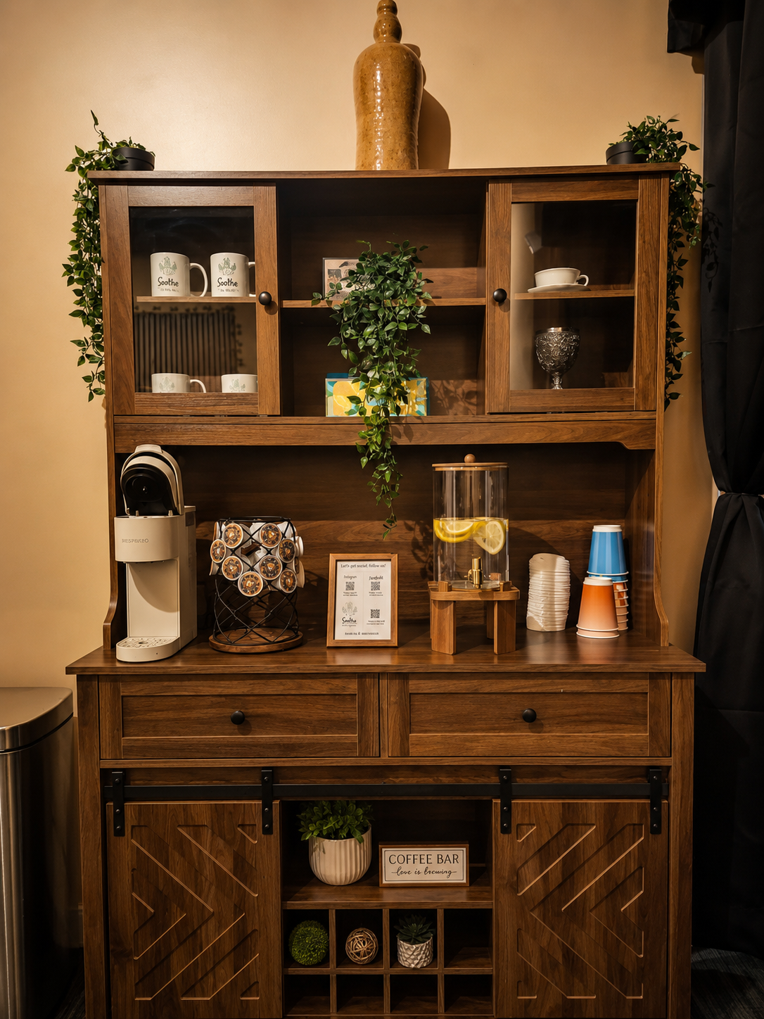 Free coffe and water bar at Soothe Total Wellness in North Andover. A refreshing treat after a rejuvenating massage