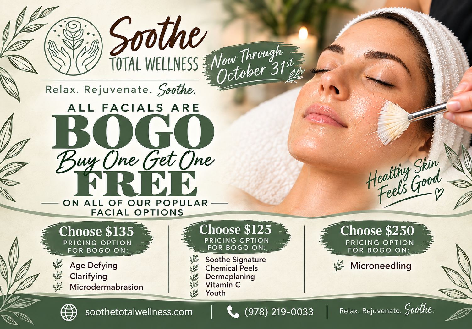 Advertisement for a facial spa promotion, showing a woman getting a facial treatment, with text about buy one get one free offers on various facial options, valid through October 31st, 2023.