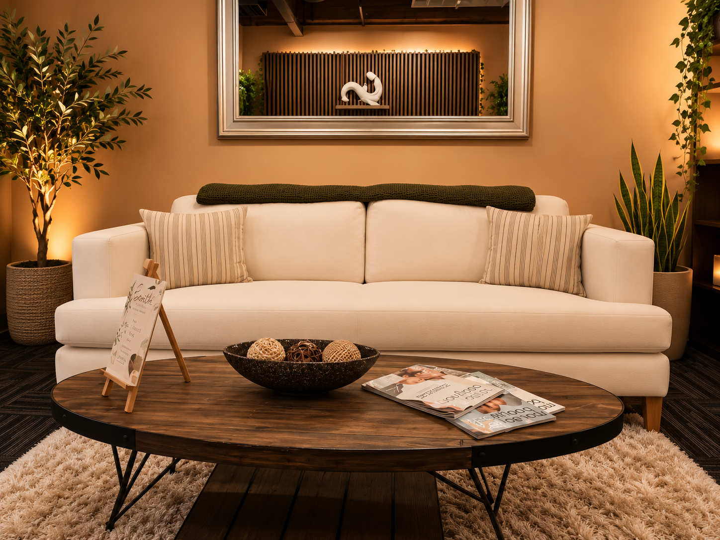 The beautiful reception area at Soothe Total Wellness. A comfortable, cream colored couch bookended by plants.
