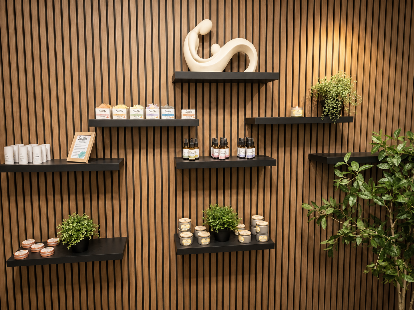 The retail wall at Soothe Total wellness. Items included are pain relieving salve, fresh goat's milk soap, candles, and scented spray.