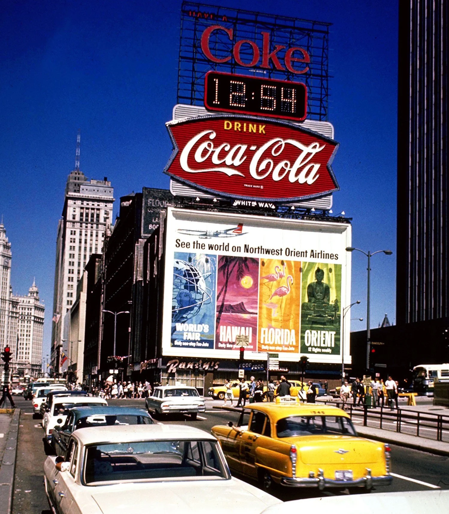 Example of traditional billboard advertising in Times Square before the digital marketing era. 