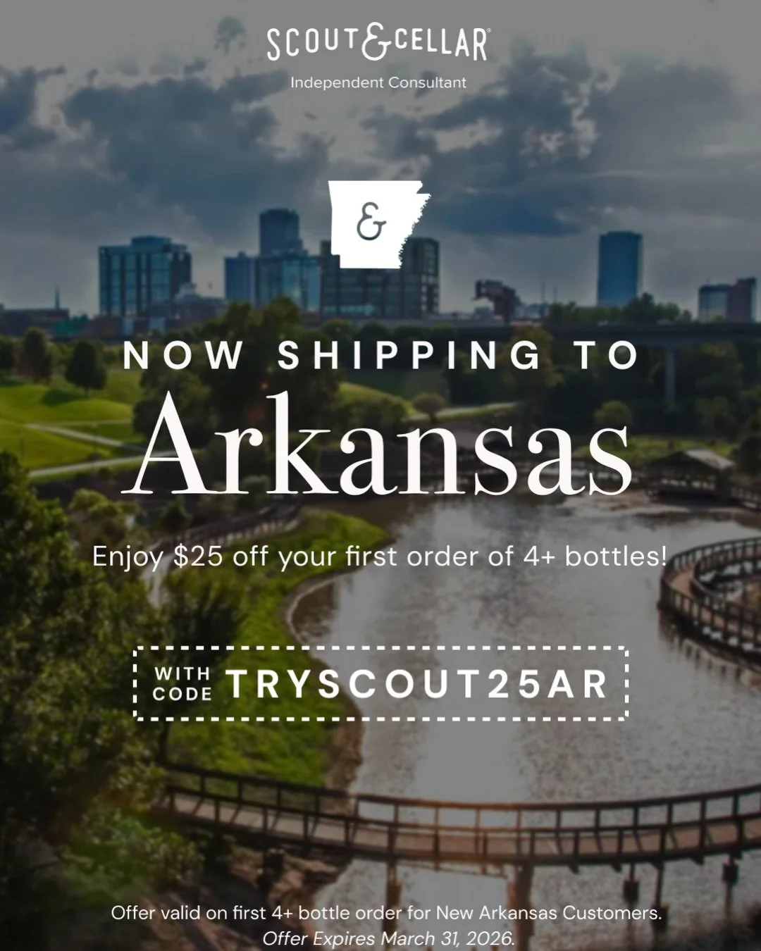 Big news, Arkansas friends 🤍 
Wine Delivered to Your Front Door

Clean-crafted wine from Scout &amp; Cellar is now shipping to Arkansas &mdash; and I&rsquo;m thrilled to share it with you.

You&rsquo;ll love:
&bull; No added sugars or synthetic addi