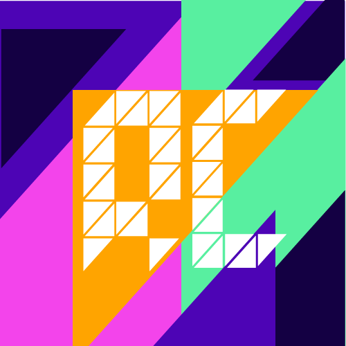 Colorful geometric abstract artwork with overlapping triangles, squares, and diagonal lines in purple, green, pink, navy, and white, with a central orange grid pattern.
