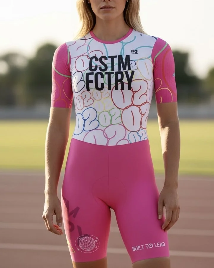 A woman in cycling gear, wearing a black helmet, sunglasses, and a French national team jersey, smiling outdoors at night.