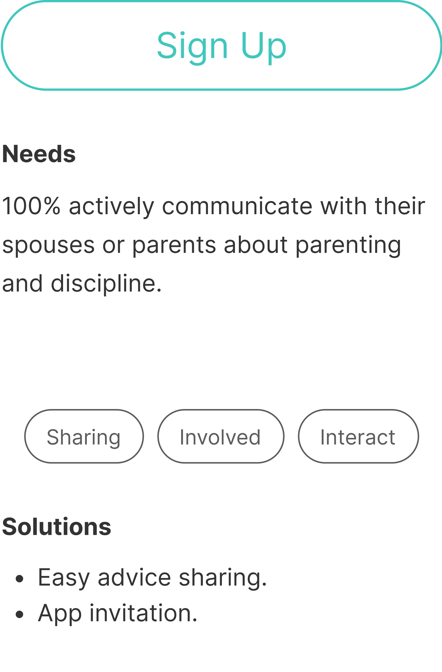 App interface showcasing a "Sign Up" button, communication goals for parenting, and solution buttons labeled "Sharing," "Involved," and "Interact."