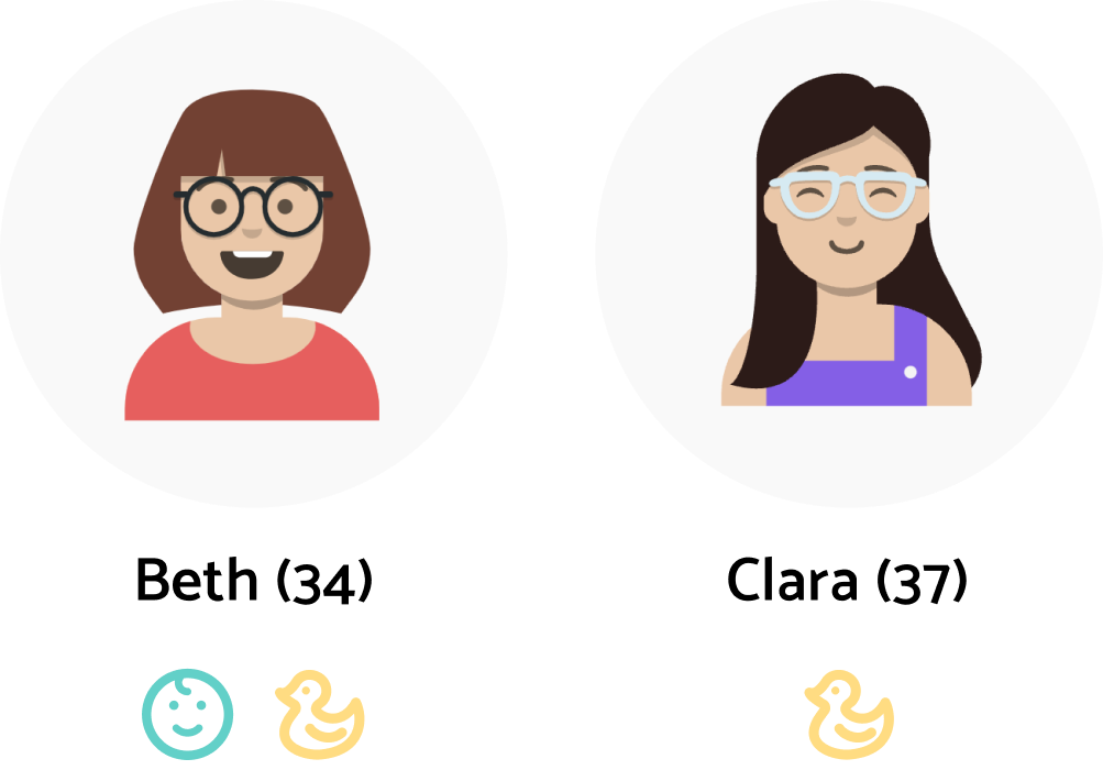 Illustration of two women with eyeglasses in circular frames; one with short hair and a red top, the other with long hair and a purple top. Below are icons of a smiling face and a rubber duck.