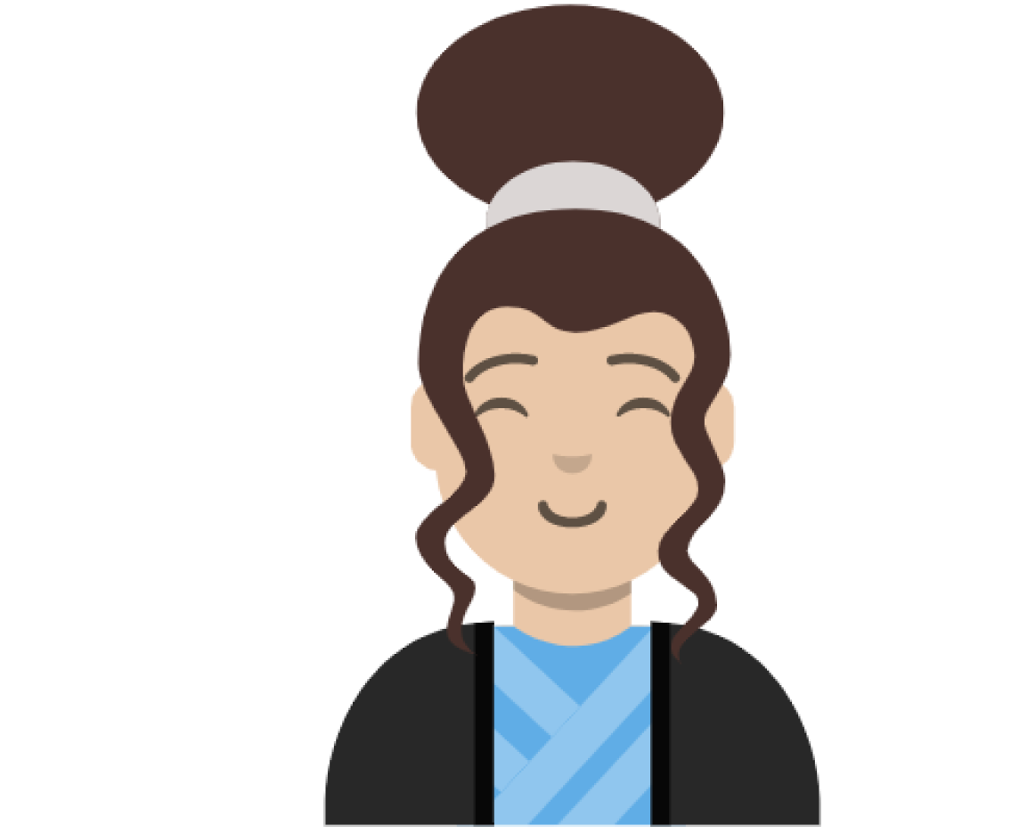 Cartoon illustration of a person with a bun hairstyle and a blue outfit.