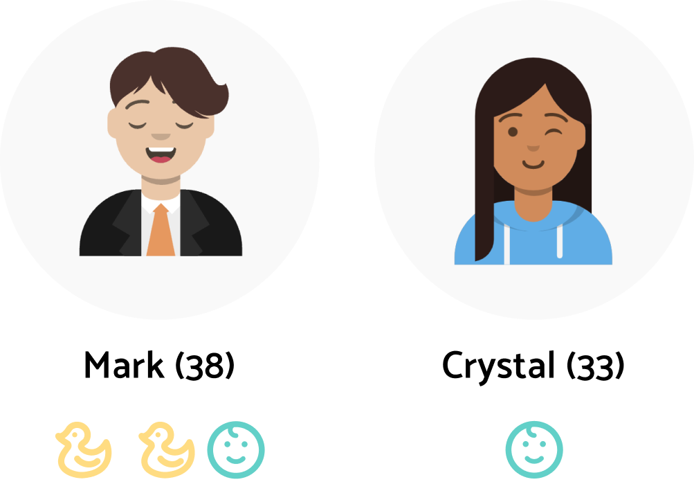 Two illustrated portraits: a smiling man in a suit and tie, and a winking woman in a blue hoodie. Below each, a set of icons depicting rubber ducks and a smiley face under the man, and a smiley face under the woman.