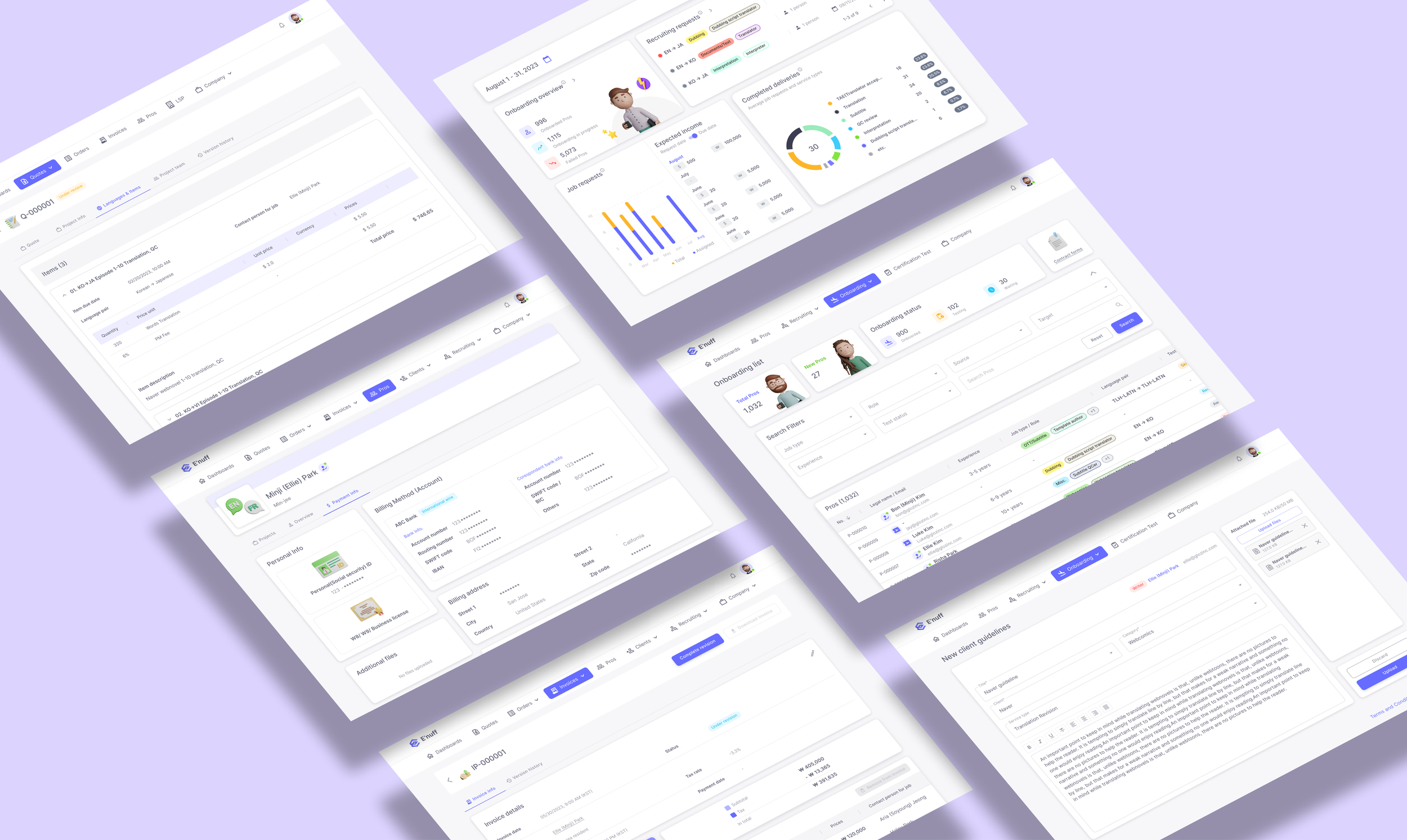 Collage of various dashboard interfaces and analytics data on a purple background.