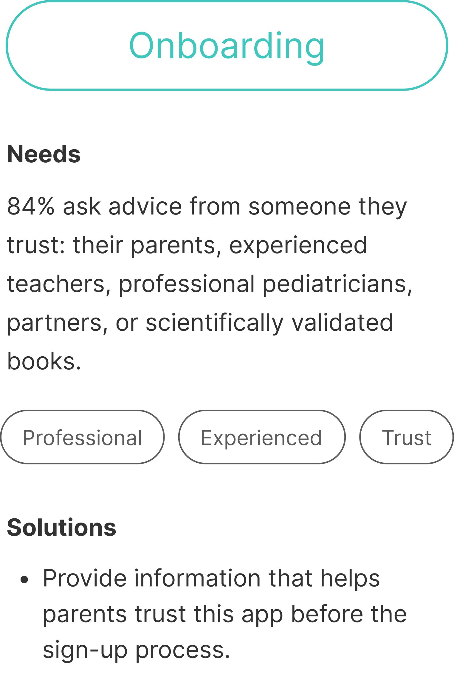 Onboarding information highlighting the need for trust in professional advice, mentioning 84% seek guidance from trusted sources like parents and teachers. Emphasizes the importance of providing information for trust before app sign-up. Includes tags: Professional, Experienced, Trust.