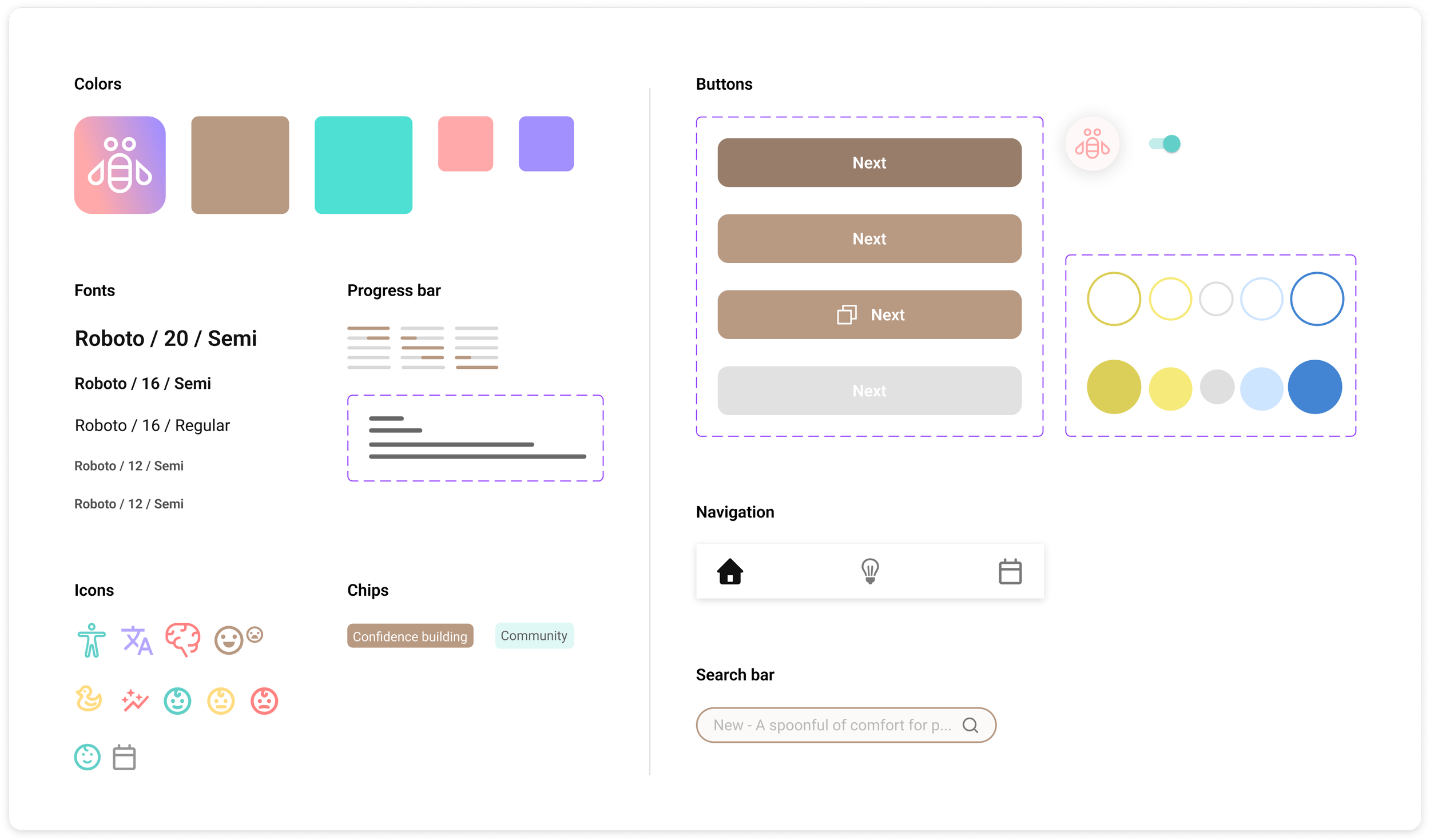 UI design elements including color palette, fonts, buttons, icons, navigation bar, search bar, and progress bar.