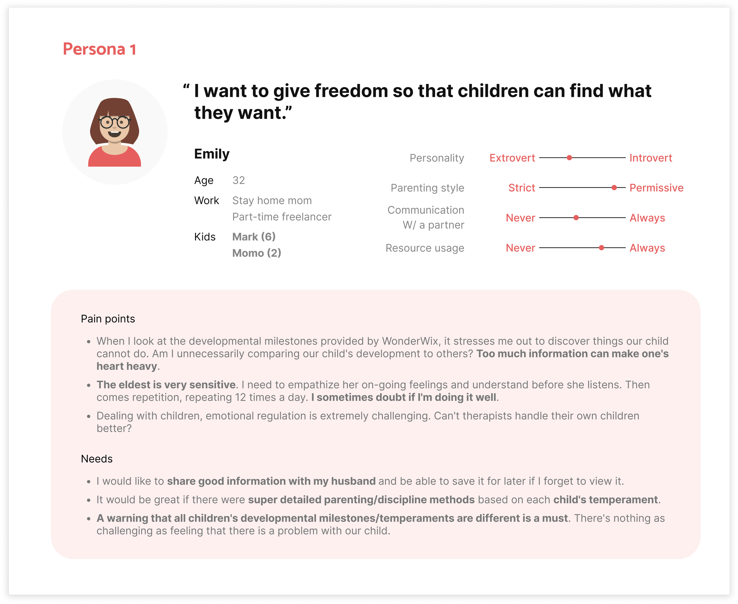 Profile of a persona named Emily, a 32-year-old stay-at-home mom and part-time freelancer. Her personality leans towards introvert and permissive parenting style. She communicates with her partner and uses resources readily. Emily has two kids, Mark (6) and Momo (2). Her pain points include stress from comparing children's developmental milestones, challenges in empathizing with her sensitive eldest child, and emotional regulation. Her needs include sharing good information with her husband, receiving detailed parenting methods for each child's temperament, and having warnings about different developmental milestones.