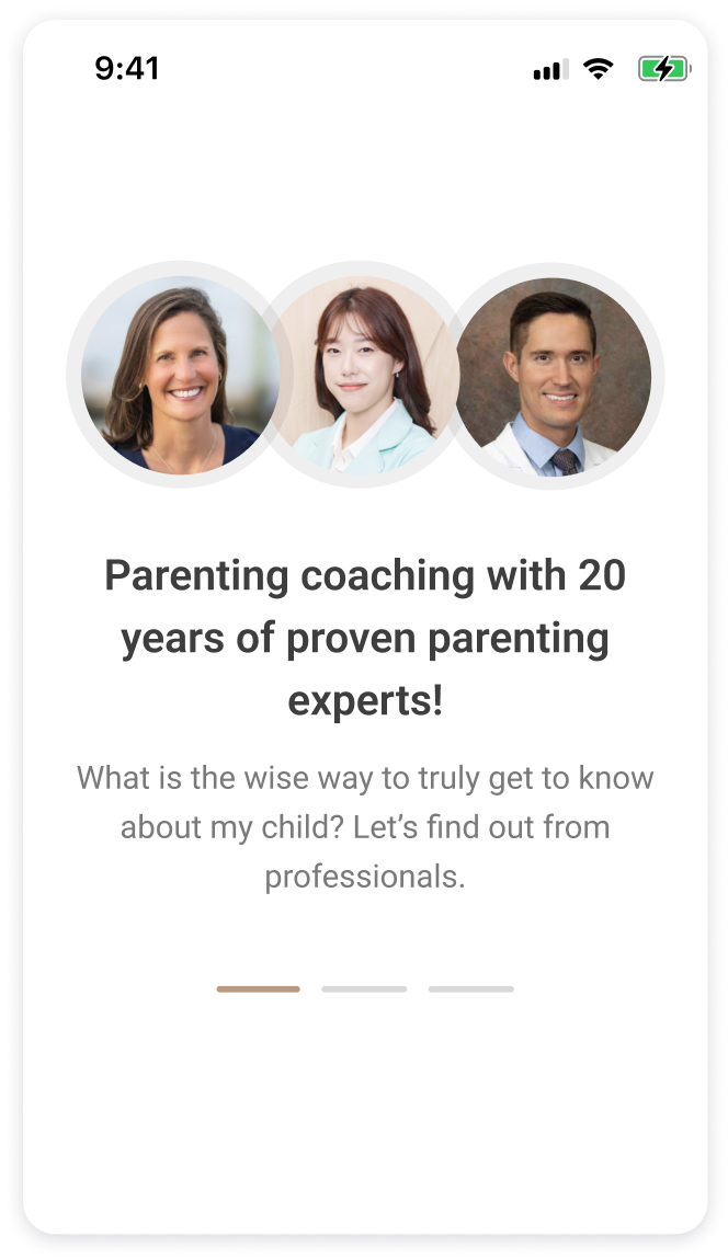 Mobile app screen displaying portraits of three parenting experts, along with text promoting parenting coaching with 20 years of experience. It encourages discovering wise ways to understand children better through professional advice.