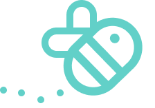 Simple bee icon in teal color with dotted flight path.