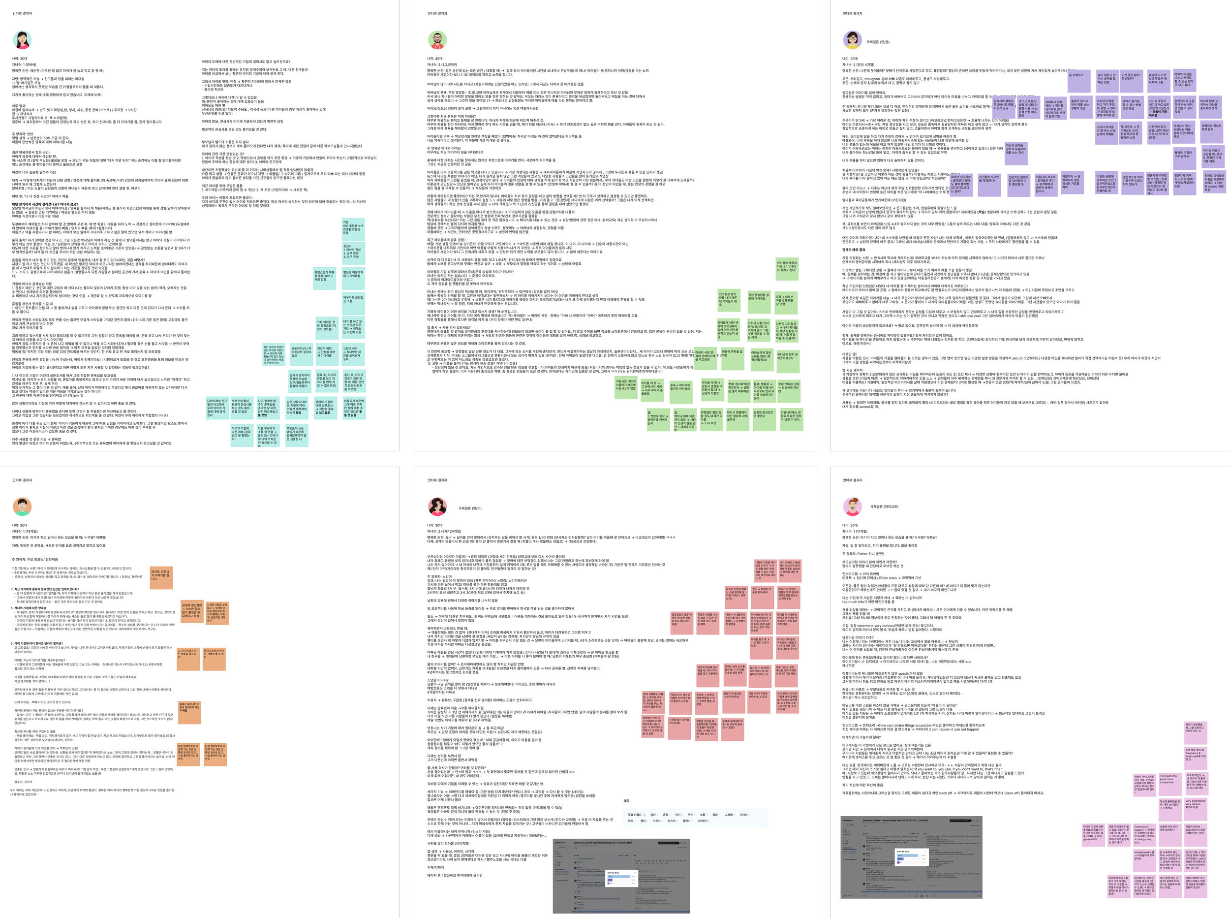Six documents with text in Korean and colorful sticky notes, each document featuring a different color for the notes: blue, green, purple, orange, and red. Each sheet has sections with text and clusters of sticky notes organized neatly.