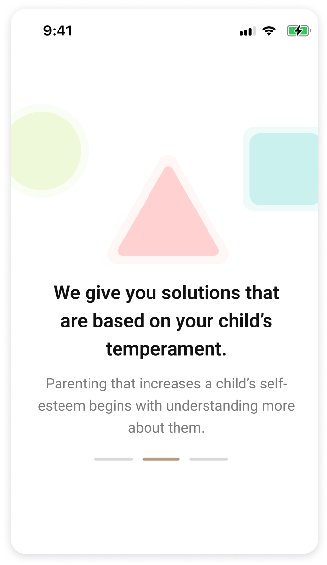 Mobile app screen displaying a message about providing solutions based on a child's temperament, with geometric shapes in the background and a battery icon at the top right corner.