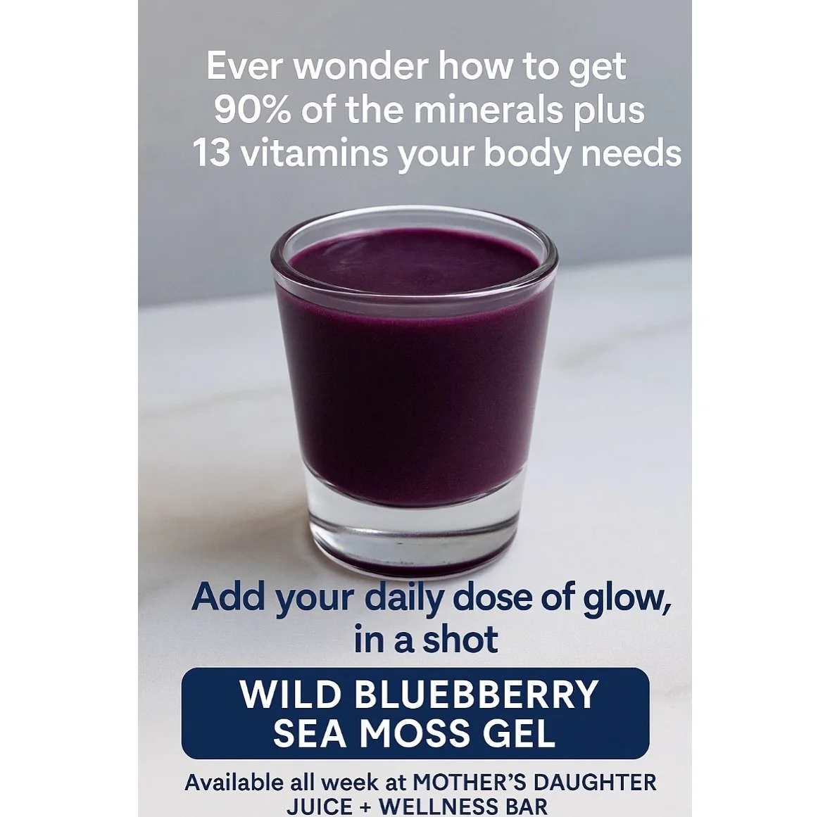 Did you know sea moss contains 90% of the minerals your body needs plus 13 essential vitamins?

Paired with antioxidant-rich wild blueberries, this daily shot helps support immunity, digestion + healthy skin. Add it to your wellness routine this week