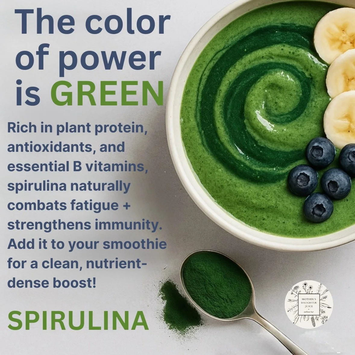 Spirulina is a nutrient-dense powerhouse. Rich in plant protein, antioxidants, and B vitamins, it helps combat fatigue and supports your immune system. Add it to your smoothie for a clean, natural upgrade!

#juicebar #superfood #spirulina #greensmoot
