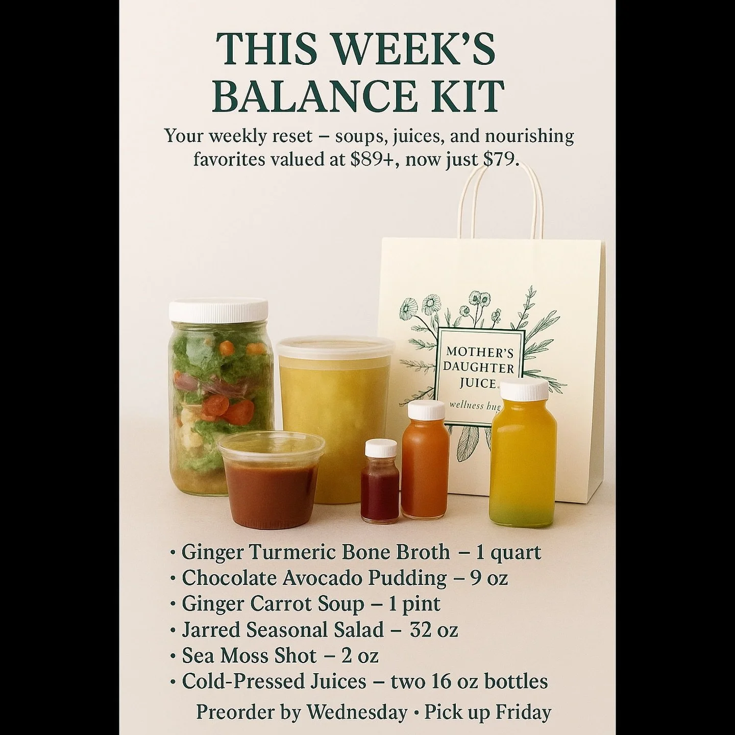 Our Balance Kit&nbsp;is back! A curated selection of scratch-made favorites to help you stay balanced throughout the week ⚖️

This week&rsquo;s lineup includes:
* Ginger Turmeric Bone Broth &ndash; 1 qt
* Chocolate Avocado Pudding &ndash; 9 oz
* Ging