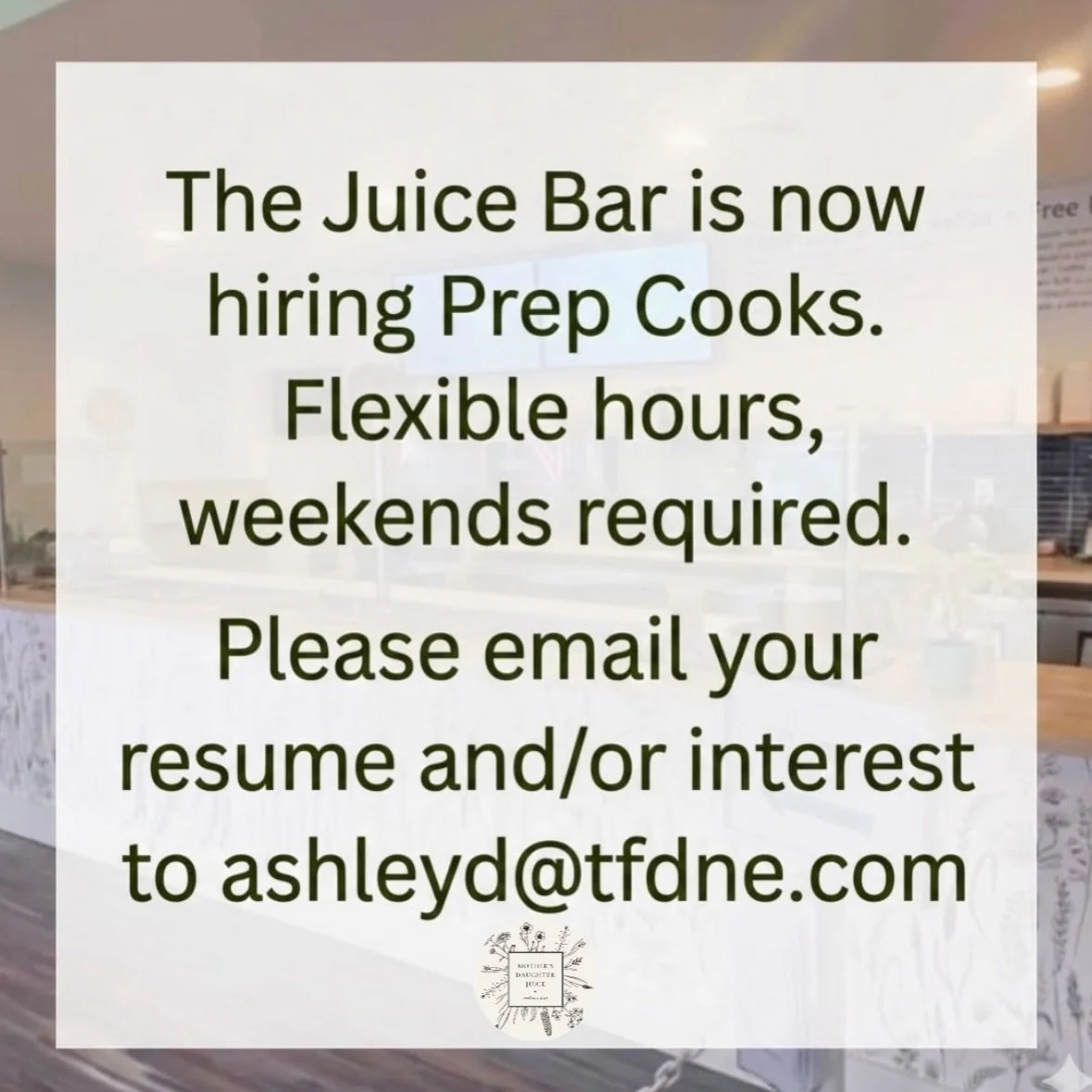 We&rsquo;re hiring Prep Cooks for the Juice Bar! Flexible hours, must have weekend availability. Email your r&eacute;sum&eacute; and/or interest to ashleyd@tfdne.com

Please share 🤗
