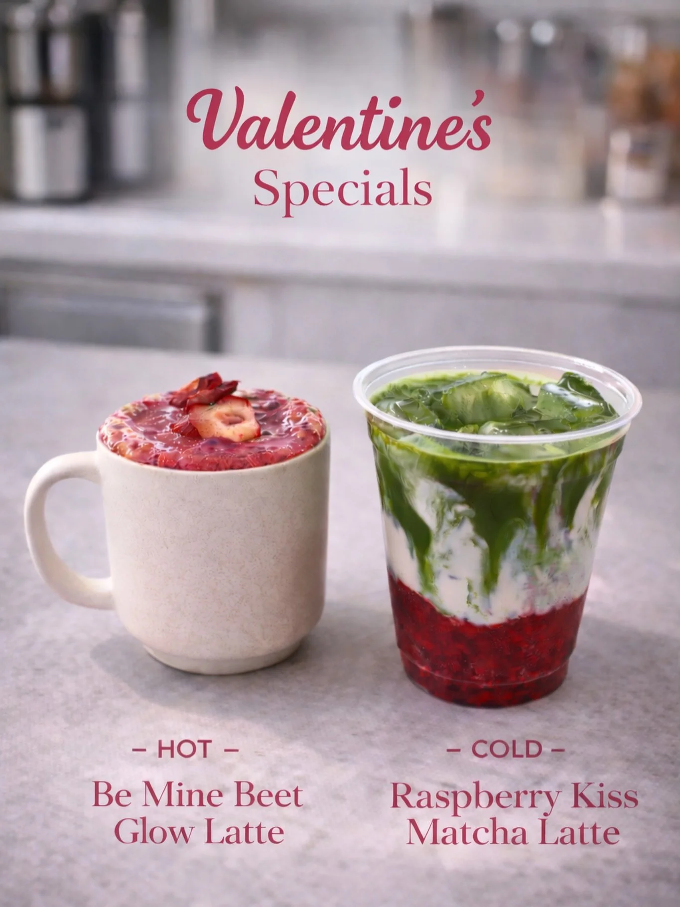 Valentine&rsquo;s sips are here ❤️

𝗜𝗖𝗘𝗗 𝗥𝗔𝗦𝗣𝗕𝗘𝗥𝗥𝗬 𝗞𝗜𝗦𝗦 𝗠𝗔𝗧𝗖𝗛𝗔 💋
@mem_tea  ceremonial grade matcha. house made raspberry chia jam. choice of almond or whole milk

𝗕𝗘 𝗠𝗜𝗡𝗘 𝗕𝗘𝗘𝗧 𝗚𝗟𝗢𝗪 𝗟𝗔𝗧𝗧𝗘 💘
beet + strawberry